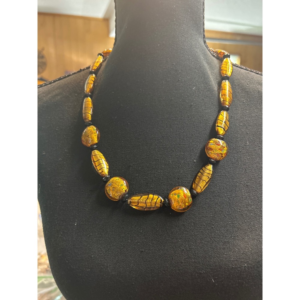 VTG 24" Murano Style Gold Foil Art Glass Necklace Black Crystal Spacers.